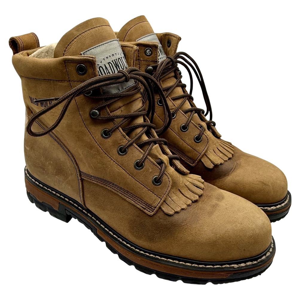 Road Wolf Kiltie Lace Up Mid Moto Boots Men 12 Brown Leather Work Western Lug